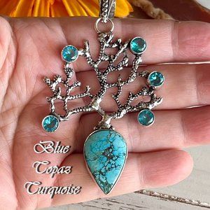 Turquoise Blue Topaz Pendant Gemstone Handmade Statement Tree 925 Silver New!